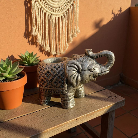 Elephant Tea Light Holder Trunk Up Ceramic Grey Boho Eclectic - Picture 2 of 9